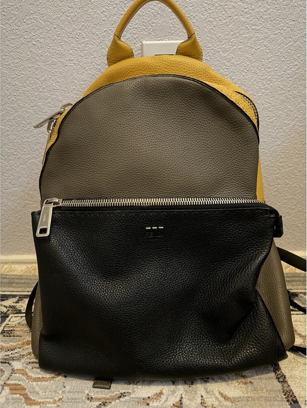 Authentic Rare Fendi Selleria Tri-Color Backpack Men Women Black Yellow Khaki